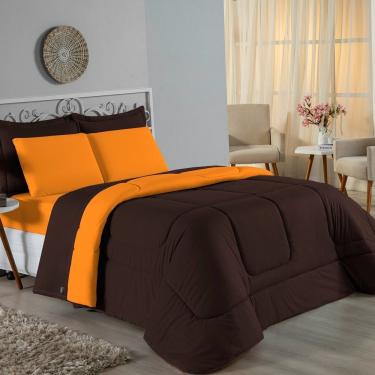 Imagem de Kit Edredom Dupla Face + Jogo De Lençol Casal Viúva Nobre 6 Peças Malha 100% Algodão - Marrom / Laranja