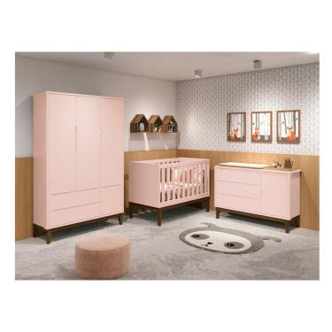 Imagem de Kit Quarto Infantil Square Rosa - Berço + Cômoda com Porta + Guarda-roupa 3 portas