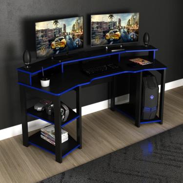 Imagem de Mesa Gamer Escrivaninha Para Computador Home Office 3 Prateleiras Espaço CPU Quarto Preto e Azul