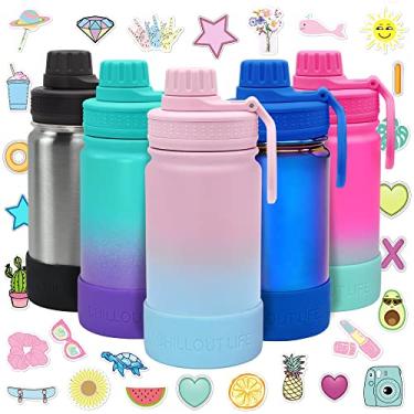 Imagem de CHILLOUT LIFE Garrafa de água infantil isolada de 500 ml com tampa de bico à prova de vazamento + lindos adesivos impermeáveis – perfeita para personalizar a garrafa de água de metal de seus filhos – Algodão doce