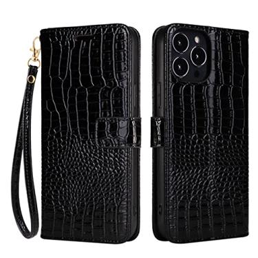 Imagem de Capa para iPhone 14/14 Pro/14 Plus/14 Pro, capa carteira de couro com padrão de crocodilo capa com suporte flip de couro real com slot para cartão, preta, 14 Pro Max 6,7 polegadas