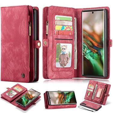 Imagem de Capa carteira para Samsung Galaxy Note 10 para mulheres homens meninas durável 2 em 1 couro PU premium destacável com 11 compartimentos para porta-cartões bolsa com zíper magnético flip cordão alça alça de pulso (vermelha)