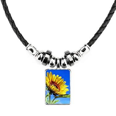 Imagem de DIYthinker Colar de girassóis azul céu sol joia pingente de corda de couro Torque