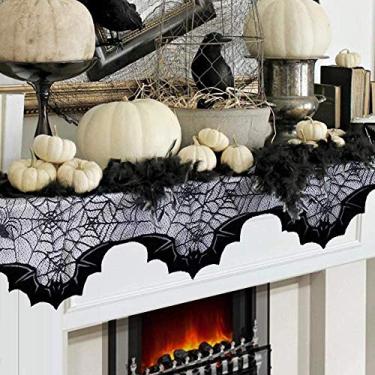 Imagem de Capa para lenço de renda de Halloween, capa para lenço de lareira, tecido preto, morcego de teia de aranha, cortina de janela de corredor, decorações de cozinha, decoração de festa gótica, 50,8 x 203,2 cm