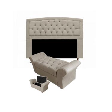 Imagem de Cabeceira Geovana e Calçadeira Veneza Estofada Queen 160cm Suede Bege - LM DECOR