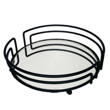 Imagem de Bandeja Decorativa Espelhada Redonda 22cm Aramada Preta para Aparador Lavabo Ravena Duler