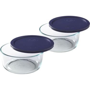 Imagem de Prato de armazenamento de alimentos de vidro redondo Pyrex Storage Plus de 7 xícaras, capa azul, pacote com 2
