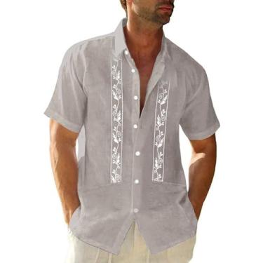 Imagem de Camisa masculina cubana Guayabera de algodão e linho camisa de manga curta casual hippie praia com botão e bolso, Cinza, XXG