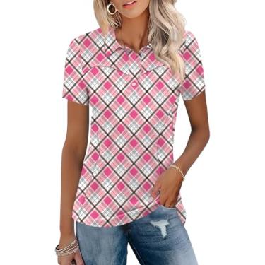 Imagem de TFSDOD Camisa polo feminina de golfe com gola e manga curta, leve, com absorção de umidade, casual, 3 botões, Argyle rosa, M