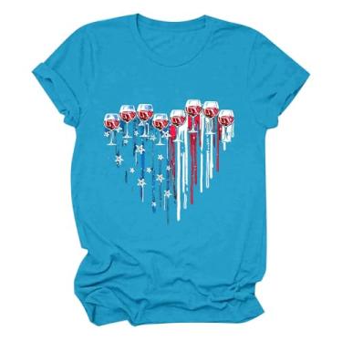 Imagem de Camiseta feminina de 4 de julho com estampa de taças de vinho, manga curta, verão, dia da independência, Azul-celeste, M