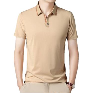 Imagem de BoShiNuo Camiseta masculina de verão com lapela bordada de seda gelada, manga curta, negócios, casual, roupas masculinas, Cor cáqui 9, G