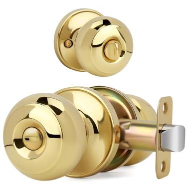 Imagem de LOQRON Maçaneta de porta esférica plana com fechadura, design redondo de privacidade sem chave para banheiros/quartos, acabamento em latão polido