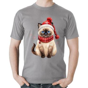 Imagem de Camiseta Algodão Gato Natalino Gorro e Cachecol - Foca na Moda, Cinza,