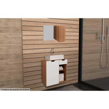 Imagem de Armário c/ Balcão Banheiro Suspenso BN3605 Cuba BN3600 60cm e Espelho BN3602 Amêndoa/Branco - Tecno Mobili