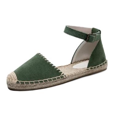Imagem de U-lite Sandália feminina espadrille rasteira fechada no tornozelo, cadarço clássico verão elegante sapatos rasos, Fivela de camurça verde, 38