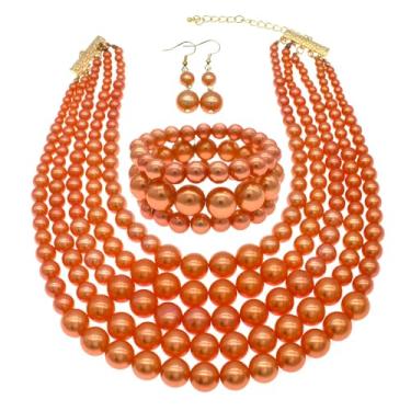 Imagem de Falso Big Pearl Srand Colares para Mulheres 5 Camadas Pérolas Gargantilha Colar Colar Pulseira e Brincos Conjunto 1920 Fantasia Pérola Joias Casamento, Adjustable, Zinco, Pérola sintética