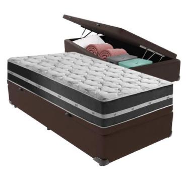 Imagem de Cama Box Baú Solteiro Marrom + Colchão Classic 26 Preto Molas Ensacada