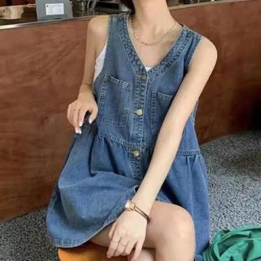 Imagem de Vestido Jeans Feminino De Verão Sem Mangas Estilo Coreano Solto Evasê 