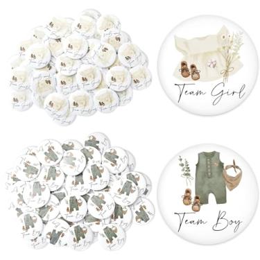 Imagem de JarThenaAMCS 50 peças de roupas de bebê, botão revelador de gênero, pino de botão de equipe, menina, menino, distintivo de alfinete de metal fofo para chá de bebê, lembrancinha de festa, suprimentos