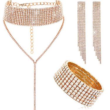 Imagem de Hicarer Conjunto de 3 peças de joias femininas com strass e borla de strass, colar de franja, brincos pendentes de cristal para festa de casamento, strass e liga metálica
