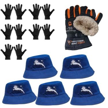 Imagem de Luva Básica, Luva de Moto Forrada, Chapeu Bucket (5 Luva Preta + 1 Luva de Moto Laranja + 5 Chapeu Azul)