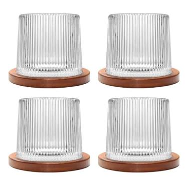 Imagem de Copo giratório antiquado, conjunto de 4 copos de uísque de cristal de 275 ml/283.5 g, porta-copos de madeira, espessamento, usado como copo de rum, copo de coquetel, xícara de café, copo de leite para