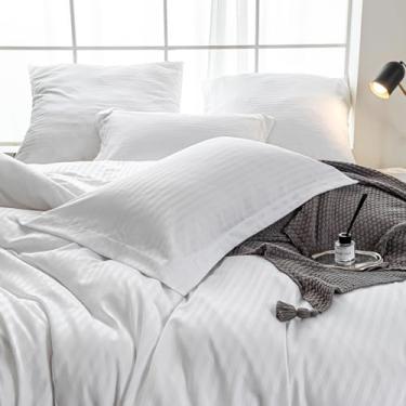 Imagem de Amolavet Hotel Collection Capa de edredom listrada branca queen size microfibra ultramacia tamanho queen conjunto de 3 peças com fecho de zíper conjunto de capa de edredom 90 x 90 (1 capa de edredom e