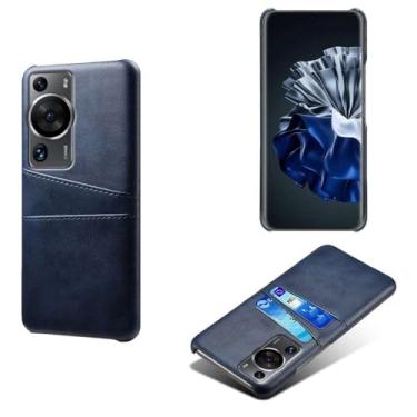 Imagem de Capas Compatível com HUAWEI P60 Pro,Caso de couro PU-Tampa de telefone a prova de choque com 2 slots de cartão,Proteção anti-impressão digital e anti-gota-Blue
