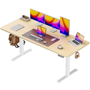 Imagem de Huuger Mesa elétrica grande de 150 x 71 cm, mesa de computador com altura ajustável, mesa de 70 cm de profundidade, mesa de escritório para jogos de pé com 2 ganchos, 3 alturas predefinidas, para