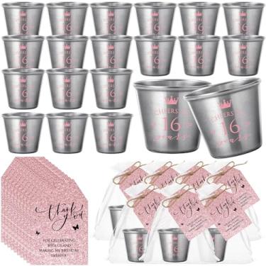Imagem de Kritkin 25 conjuntos de doces 16 lembrancinhas de festa para convidados 16 copos de shot de aço inoxidável com cartões de agradecimento, sacos de organza, barbante para festa de aniversário de 16 anos