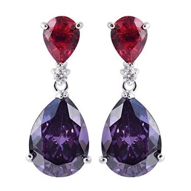 Imagem de RIZILIA [Celebox] Brincos Pendentes Em Formato De Lágrima Com Zircônia Cúbica Lapidada Pera [Rubi Vermelho Simulado E Ametista Roxa] Banhados A Ouro Branco, Inspirados Celebridades Como Angelina Jol