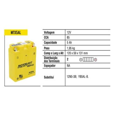 Imagem de Bateria Motobatt Gel Mtx5al 5,5ah Xtz 125 Crypton Rd 350