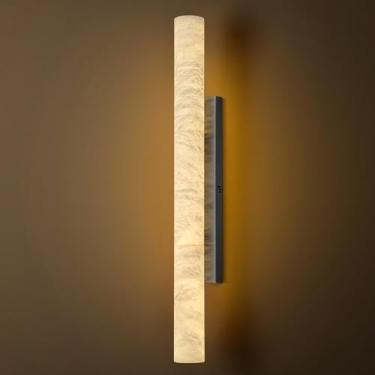 Imagem de Arandelas de parede de alabastro natural, arandela de parede de bronze grande de 91 cm, arandelas de LED douradas modernas, arandela de mármore espanhol cilíndrica perfeita para sala de estar, quarto