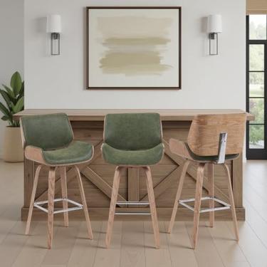 Imagem de Tyler – Banqueta de bar giratória moderna com acabamento em lavagem branca e estofamento verde vintage conjunto de 3