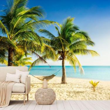 Imagem de Papel de Parede Praia Paisagem Coqueiro Rede Sala Adesivo - 113pcm - A
