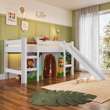 Imagem de Cama Infantil Elevada Menino Menina Solteiro 202cm Com Degrau E Escorregador Branca Com Estampada Zoo