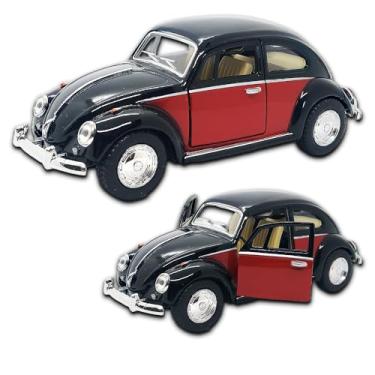 Imagem de Miniatura fusca 1967 carrinho de coleção em metal, 12 CM, 1/32, abertura de portas laterais, rodinhas em borracha e com fricção, Miniatura de carros antigos (Preto e vinho)