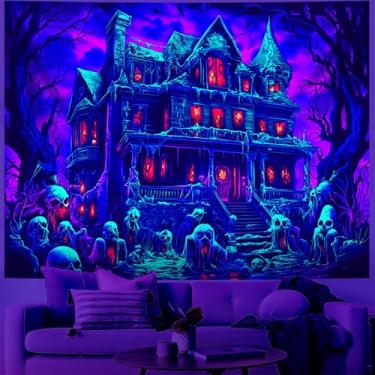 Imagem de BVBOX Tapeçaria de Halloween Luz Negra Horror Lua Noite Cemitério Assustador Lanterna de Abóbora Tapeçaria de Halloween Tapeçaria de Parede Crânio Terror Cartaz Banners para Quarto Sala de Estar