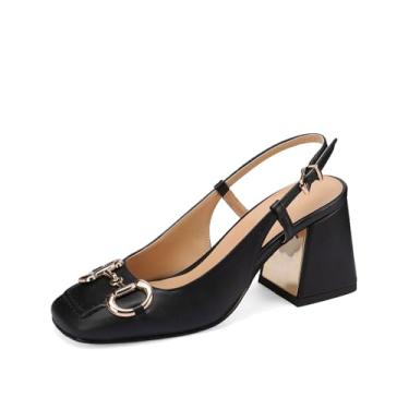 Imagem de Wrynthevia Sapato feminino moderno quadrado fechado com fivela chique dourado salto bloco sapato slingback data trabalho elegante salto alto slingbacks para mulheres, Preto, 36