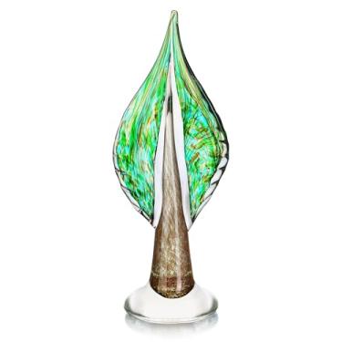 Imagem de QFkris Escultura de folha de árvore da vida de vidro soprado para decoração de casa, estátua decorativa de arte de vidro soprado à mão de 30 cm para prateleira de livros, sala de estar, escritório