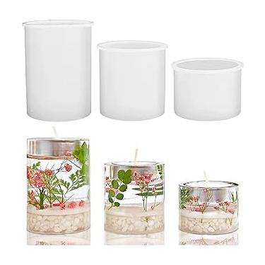 Imagem de 53Arts Molde de vela Tealight para resina, moldes de silicone, moldes de silicone de resina epóxi para fundição de resina, decoração, casamento, festa (conjunto de 3 peças cilíndricas)