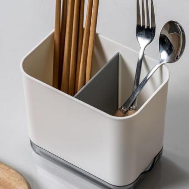 Imagem de Escorredor de pauzinhos, suporte de utensílios de plástico, escorredor de talheres com bandeja para cozinha (branco)