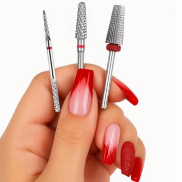 Imagem de Kit 3 Brocas Tungstênio Profissional Unha Gel Porcelana Nail Art Broca Agulha conica Nivelamento Acabamento Romoção Gel