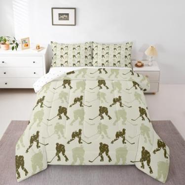Imagem de Erosebridal Jogo de cama casal de jogador de hóquei no gelo, azul e verde, bola competitiva, jogos competitivos, para crianças, meninas, meninos, atividades esportivas, jogos, edredom para todas as