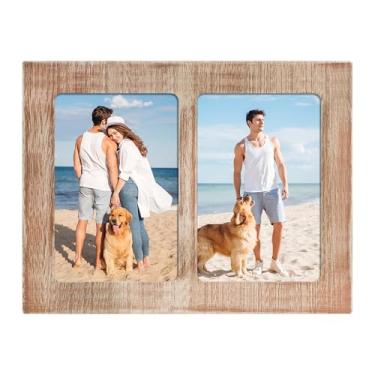 Imagem de YESKAY Colagem de porta-retratos 10 x 15 – molduras duplas de 10 x 15 cm moldura de madeira marrom rústica com vidro temperado, 2 porta-retratos para decoração de parede de 10 x 15 cm, 1 pacote com 1