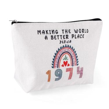 Imagem de Bolsa de maquiagem feminina 50th 1974, bolsa de cosméticos criativa de aniversário com design de zíper, bolsa de maquiagem de linho, presente de aniversário engraçado para sua tia, mãe, irmã, melhor