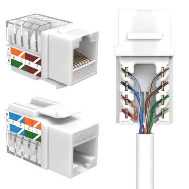 Imagem de SATMAXIMUM Pacote com 20 conectores de parede Ethernet Keystone Cat6 RJ45 Punch Down Slim Profile UTP Branco, 45 graus para patch panel e placa de parede, suporta até 10 Gbps