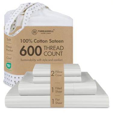 Imagem de Jogo de cama queen size Threadmill 100% algodão 600 fios, para colchões altos de 40,5 cm, em cetineta listrada adamascada com efeito refrescante, 4 peças, cinza-claro