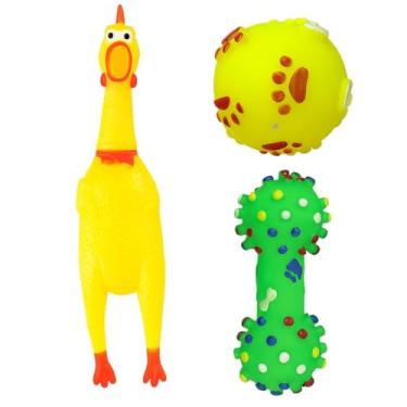Imagem de Kit 3 Mordedores Brinquedos Pet Cachorro Todos os Portes Apito Sonoro Squeaker Galinha Bolinha Halteres Borracha Resistente Durável Produtos para Pet Premium