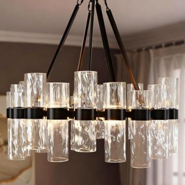 Imagem de Lustre Moderno De Vidro Feito À Mão, 61 Cm De Diâmetro X 91 Cm De Altura, Luminária Pendente Linear De Estilo Industrial Com Cúpula De Vidro Texturizado, Lustre Regulável Para Sala De Jantar